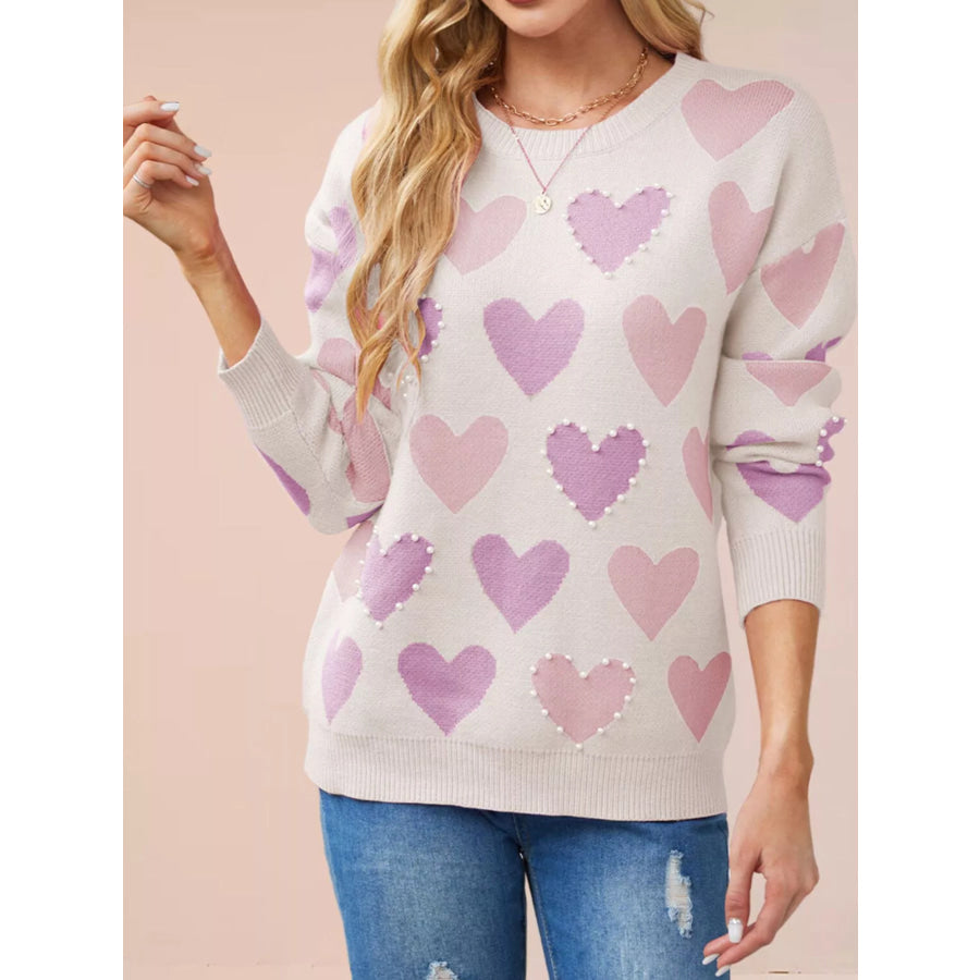 Heart Pattern Pearl Embellishments Sweater Apricot / S Apparel and Accessories