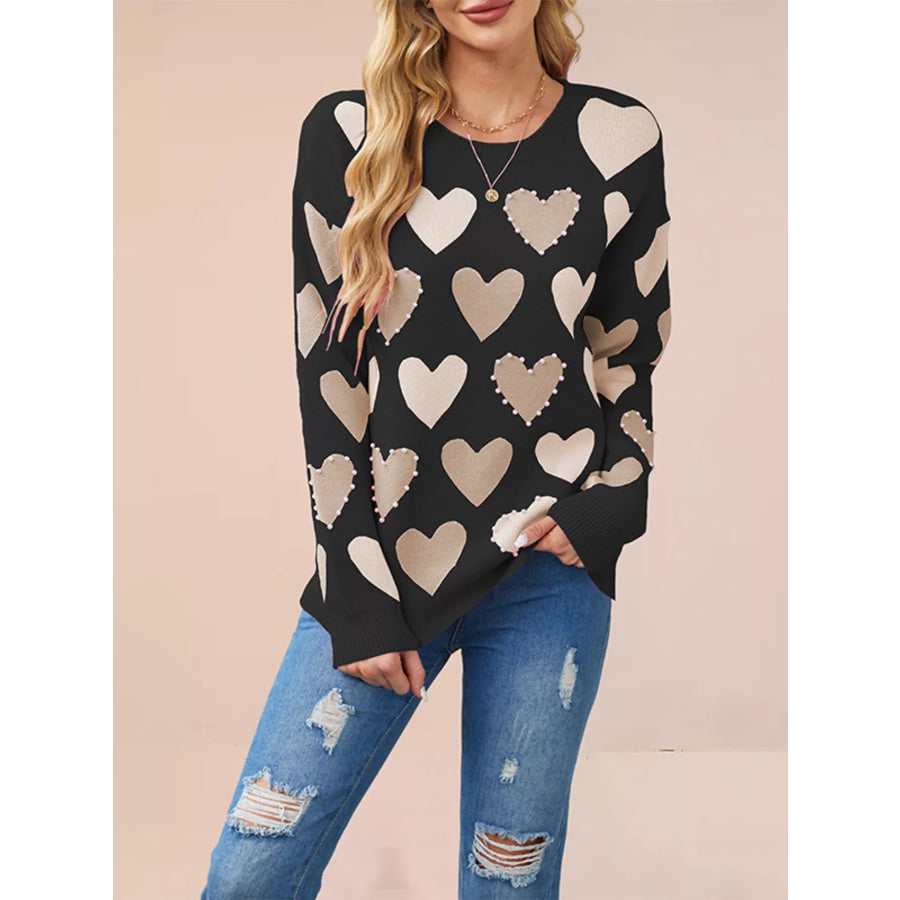 Heart Pattern Pearl Embellishments Sweater Black / S Apparel and Accessories