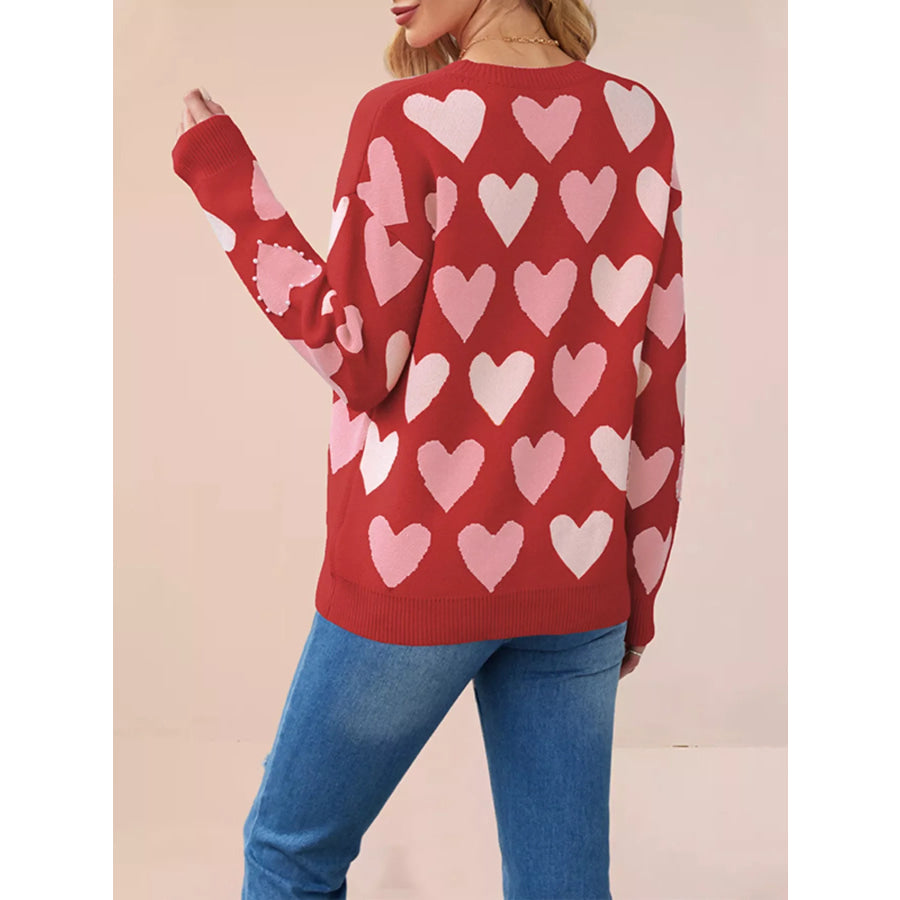 Heart Pattern Pearl Embellishments Sweater Red / S Apparel and Accessories