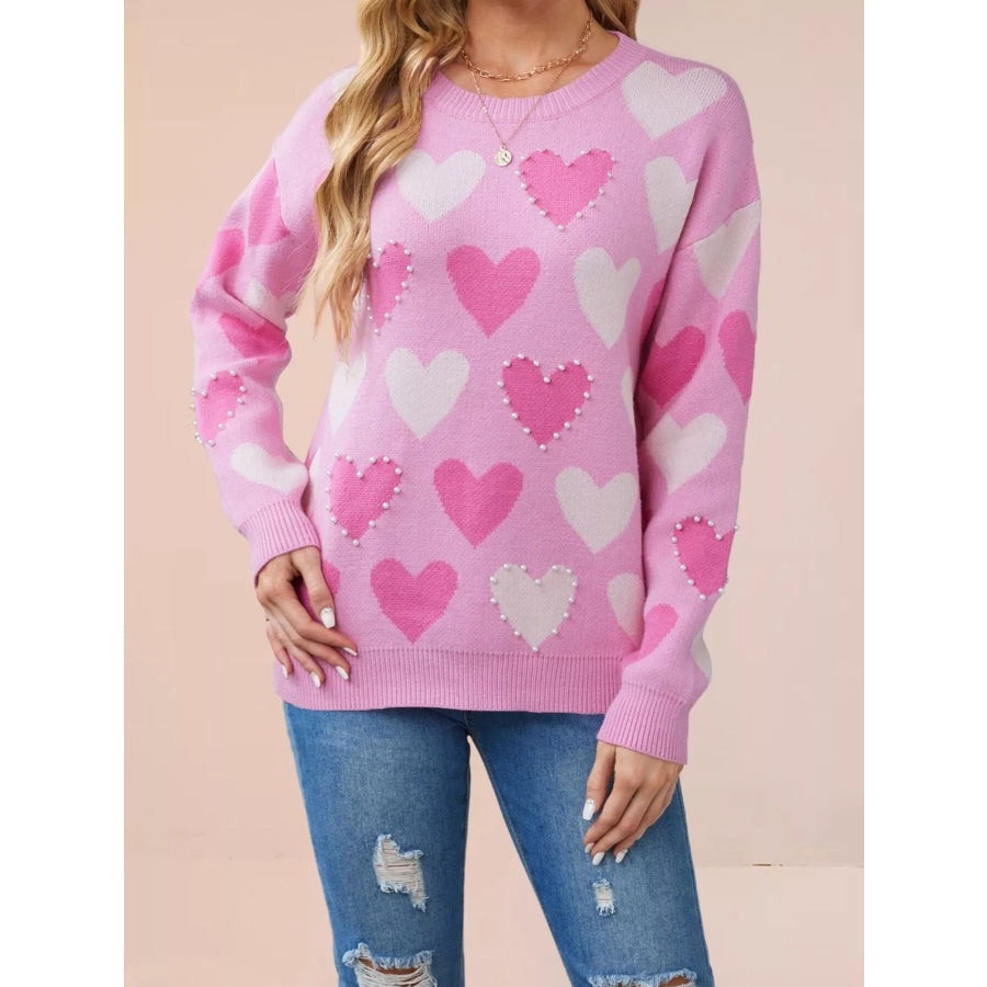 Heart Pattern Pearl Embellishments Sweater Rose Red / S Apparel and Accessories
