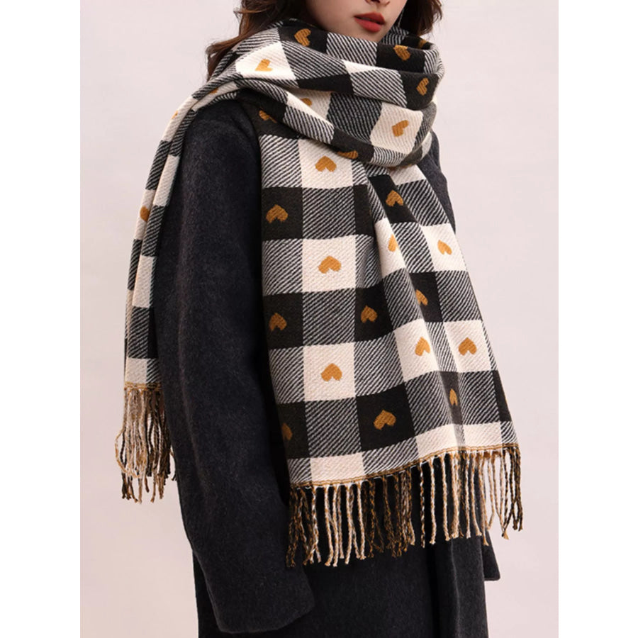 Heart Pattern Plaid Tassel Scarf Black / One Size Apparel and Accessories
