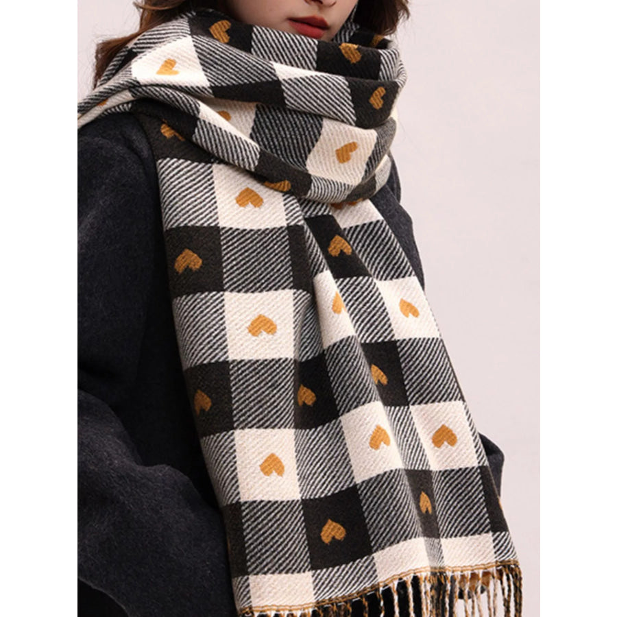 Heart Pattern Plaid Tassel Scarf Black / One Size Apparel and Accessories