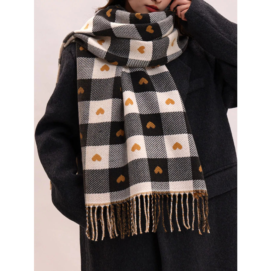 Heart Pattern Plaid Tassel Scarf Black / One Size Apparel and Accessories