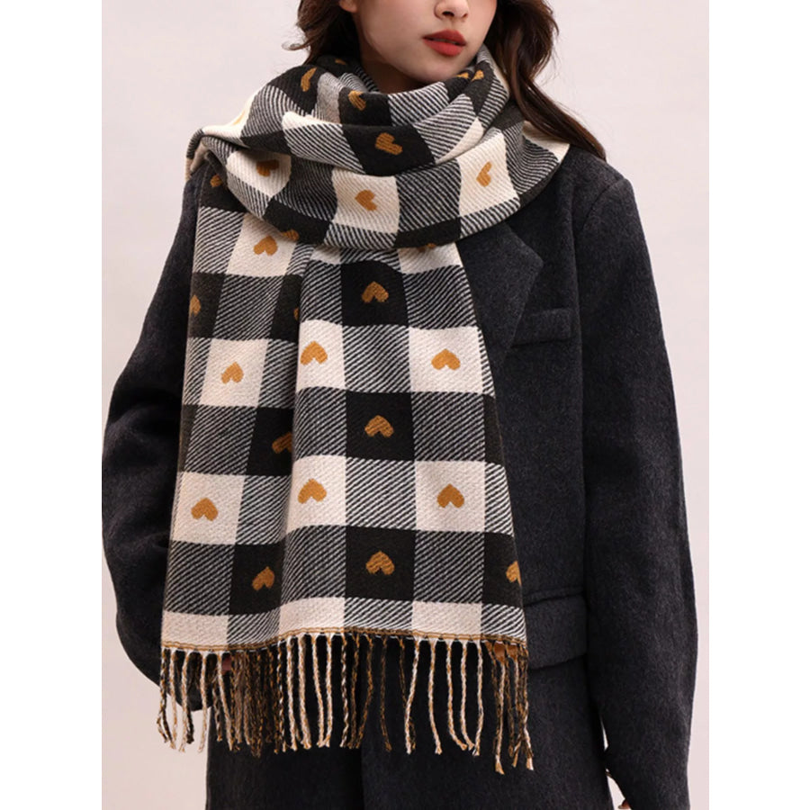 Heart Pattern Plaid Tassel Scarf Black / One Size Apparel and Accessories