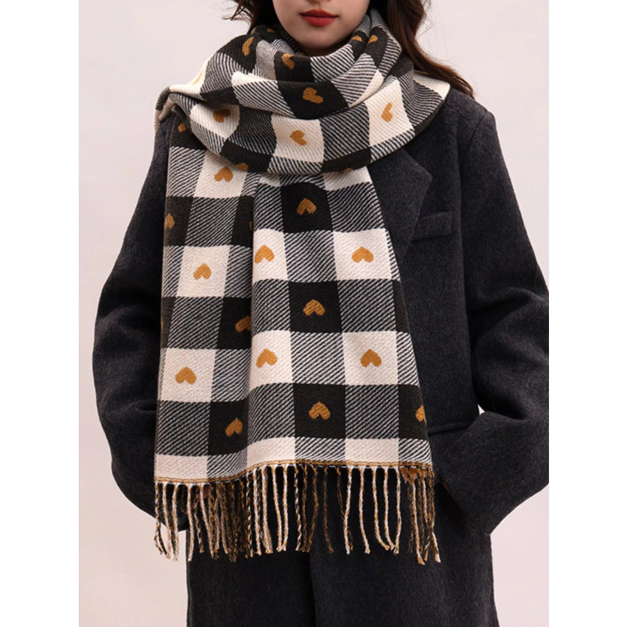Heart Pattern Plaid Tassel Scarf Black / One Size Apparel and Accessories