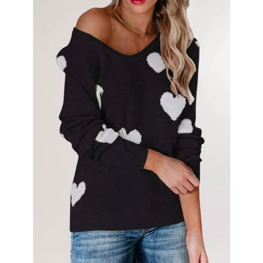 Heart Pattern Raglan Sleeve Sweater Black / S Apparel and Accessories