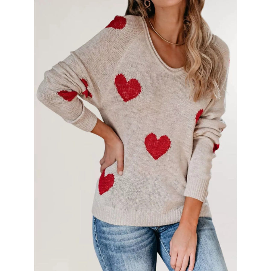 Heart Pattern Raglan Sleeve Sweater Cream / S Apparel and Accessories