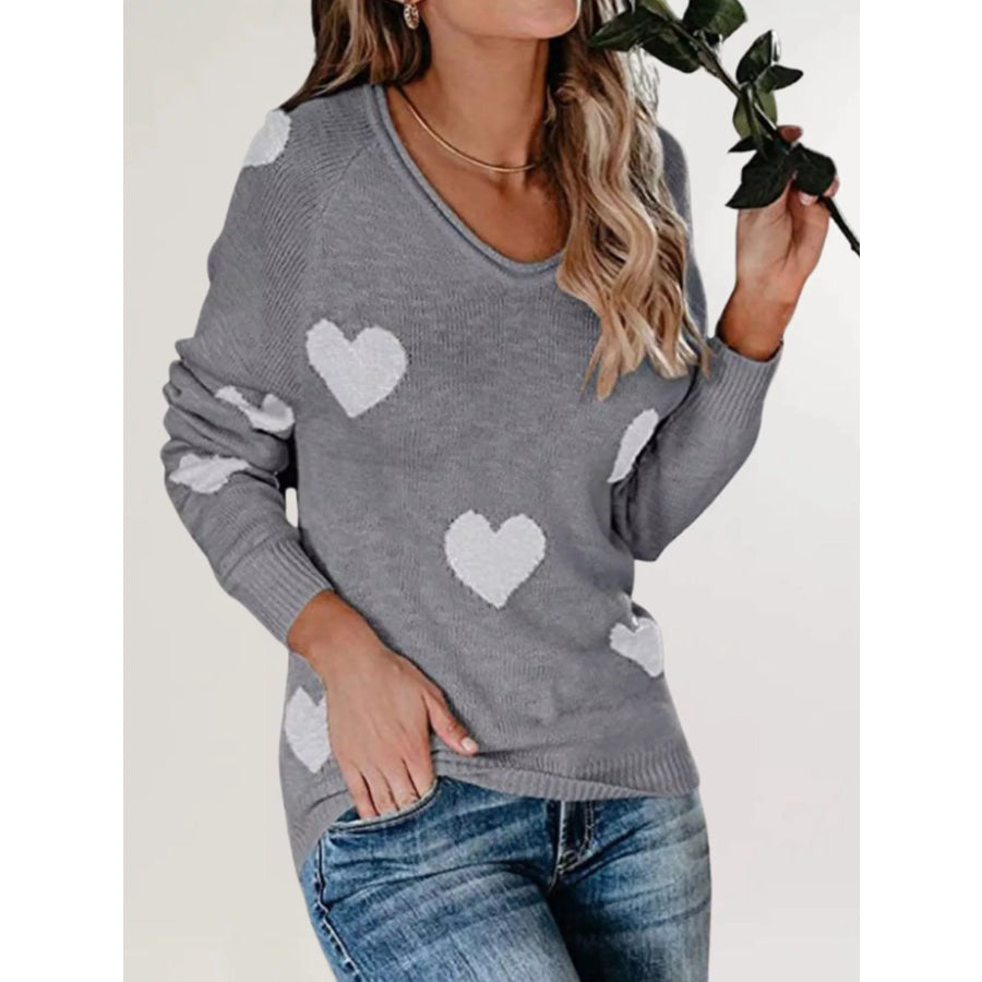 Heart Pattern Raglan Sleeve Sweater Gray / S Apparel and Accessories
