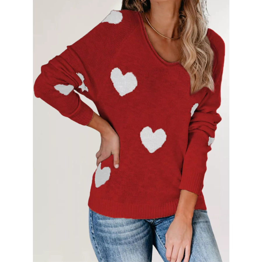 Heart Pattern Raglan Sleeve Sweater Red / S Apparel and Accessories