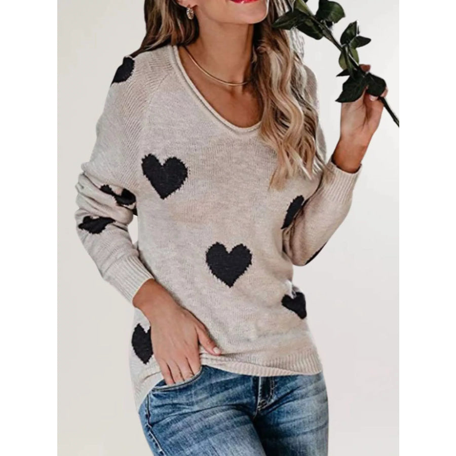 Heart Pattern Raglan Sleeve Sweater Tan / S Apparel and Accessories