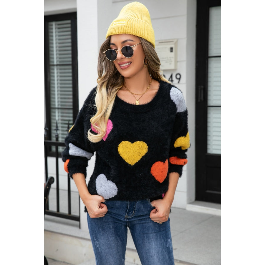 Heart Pattern Round Neck Long Sleeve Sweater Black / S