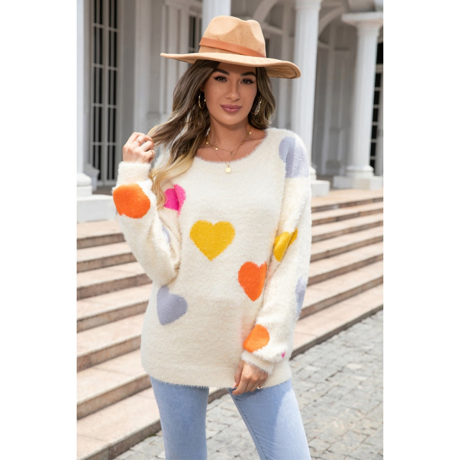 Heart Pattern Round Neck Long Sleeve Sweater Ivory / S