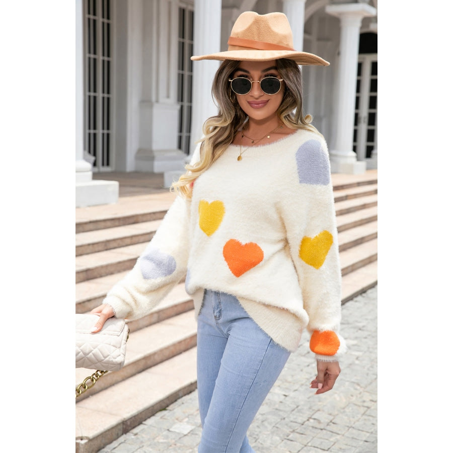 Heart Pattern Round Neck Long Sleeve Sweater