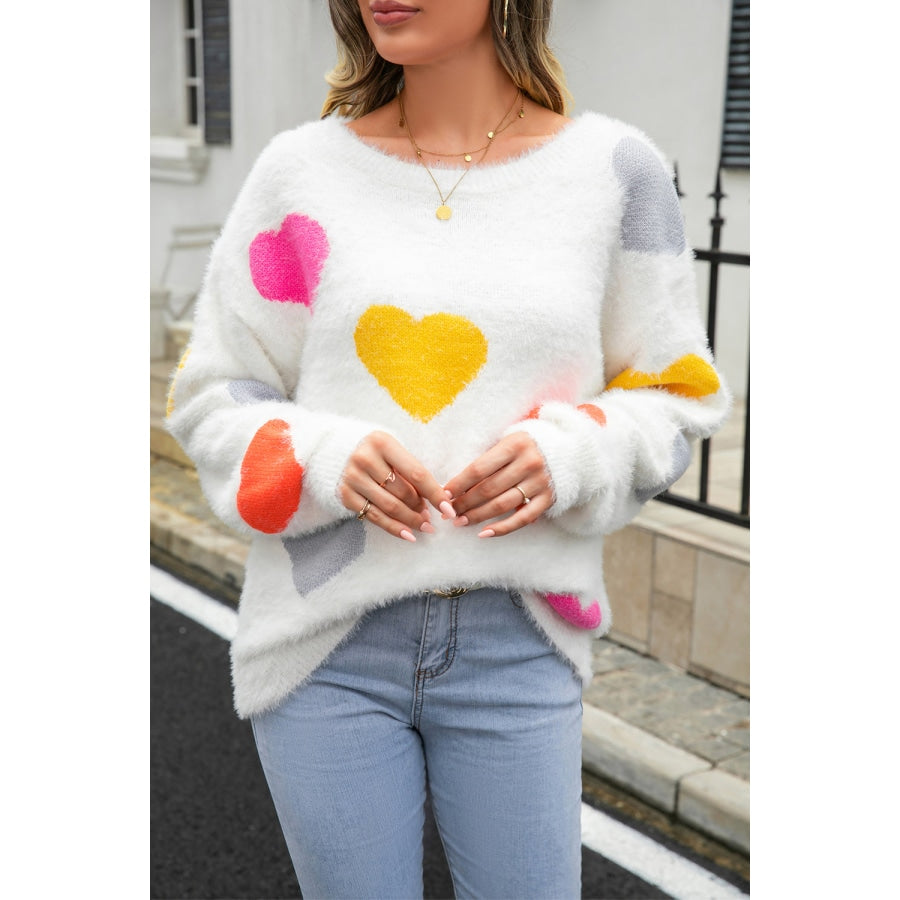 Heart Pattern Round Neck Long Sleeve Sweater