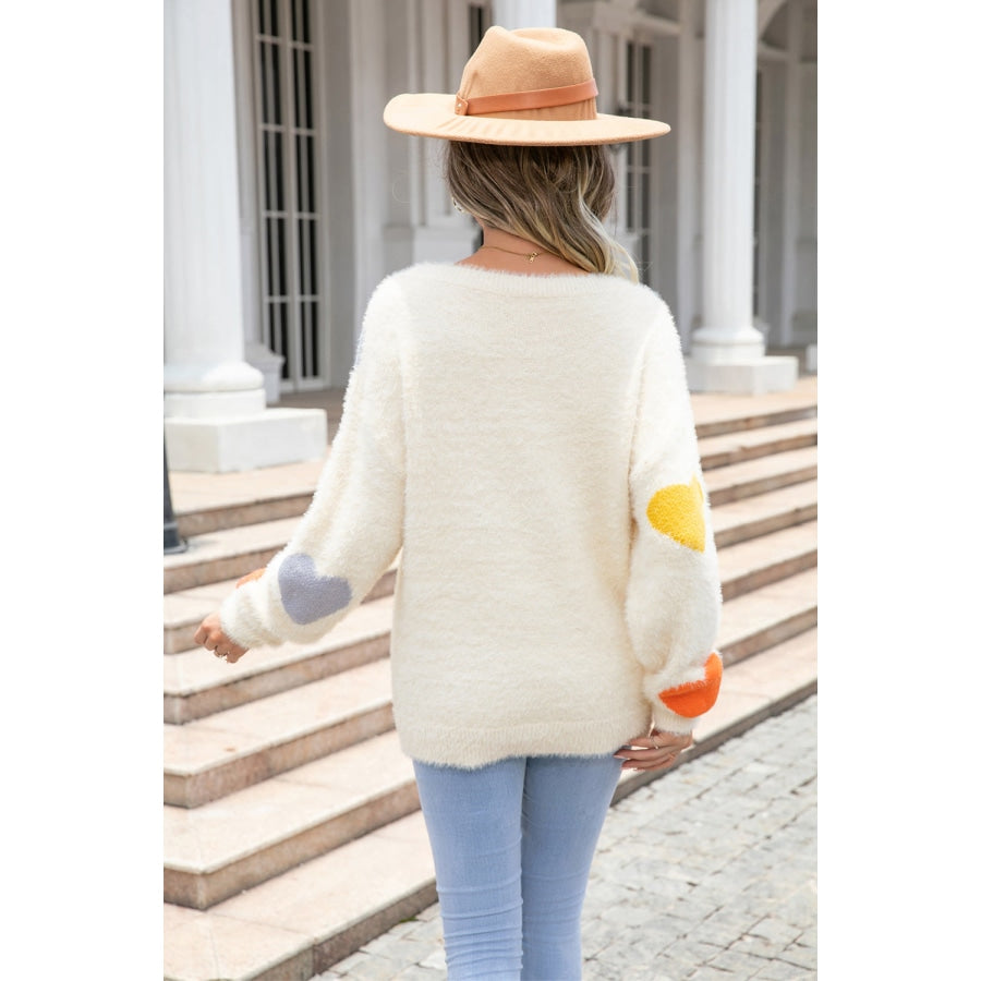 Heart Pattern Round Neck Long Sleeve Sweater