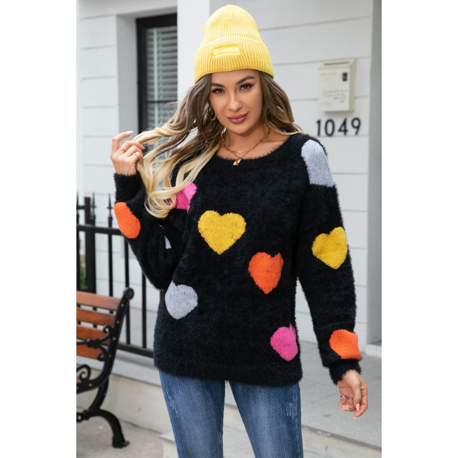 Heart Pattern Round Neck Long Sleeve Sweater