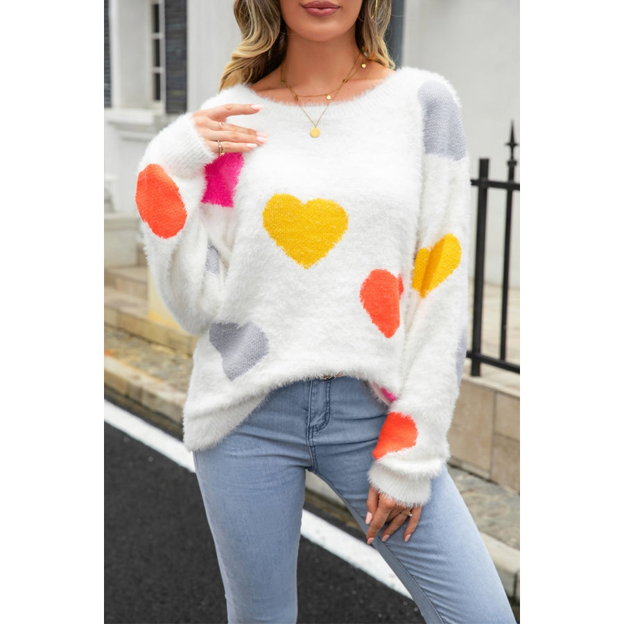 Heart Pattern Round Neck Long Sleeve Sweater White / S