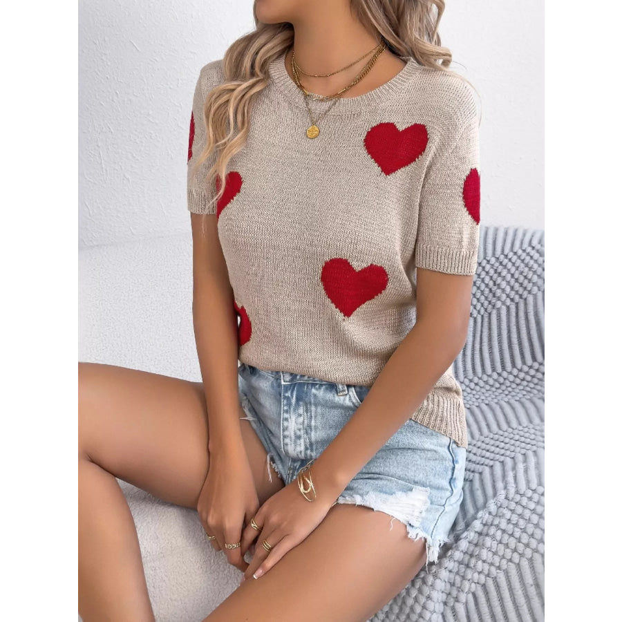 Heart Pattern Round Neck Short Sleeve Sweater Apparel and Accessories