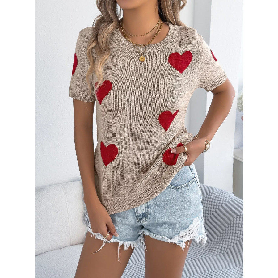 Heart Pattern Round Neck Short Sleeve Sweater Apparel and Accessories
