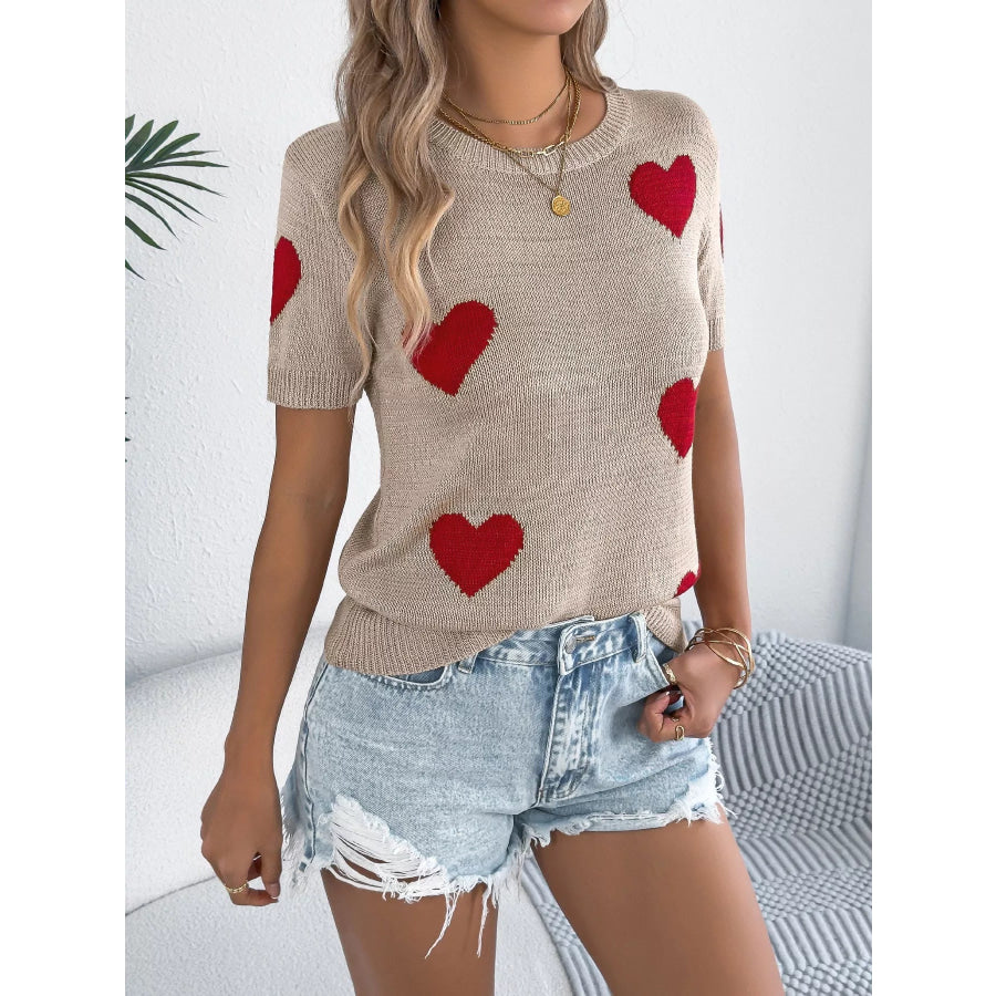 Heart Pattern Round Neck Short Sleeve Sweater Khaki / S Apparel and Accessories