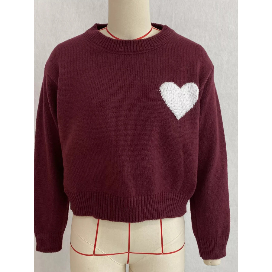 Heart Pattern Round Neck Sweater Apparel and Accessories