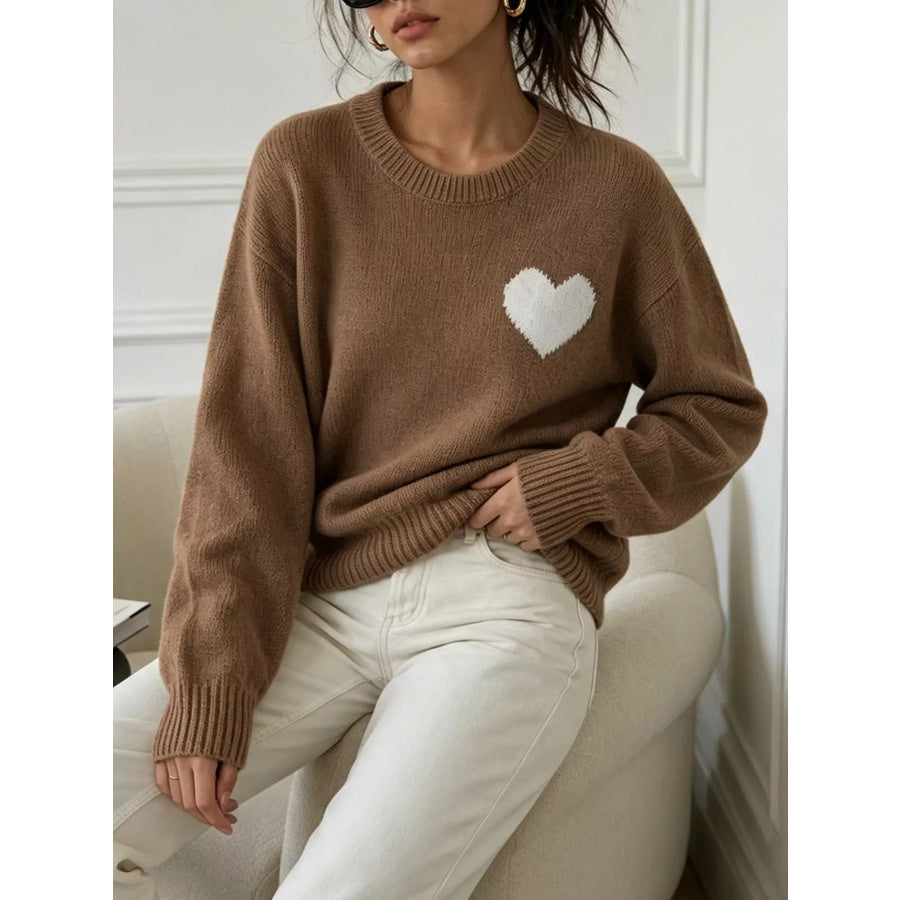 Heart Pattern Round Neck Sweater Brown / One Size Apparel and Accessories