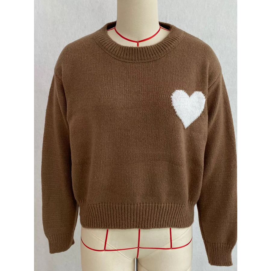 Heart Pattern Round Neck Sweater Apparel and Accessories