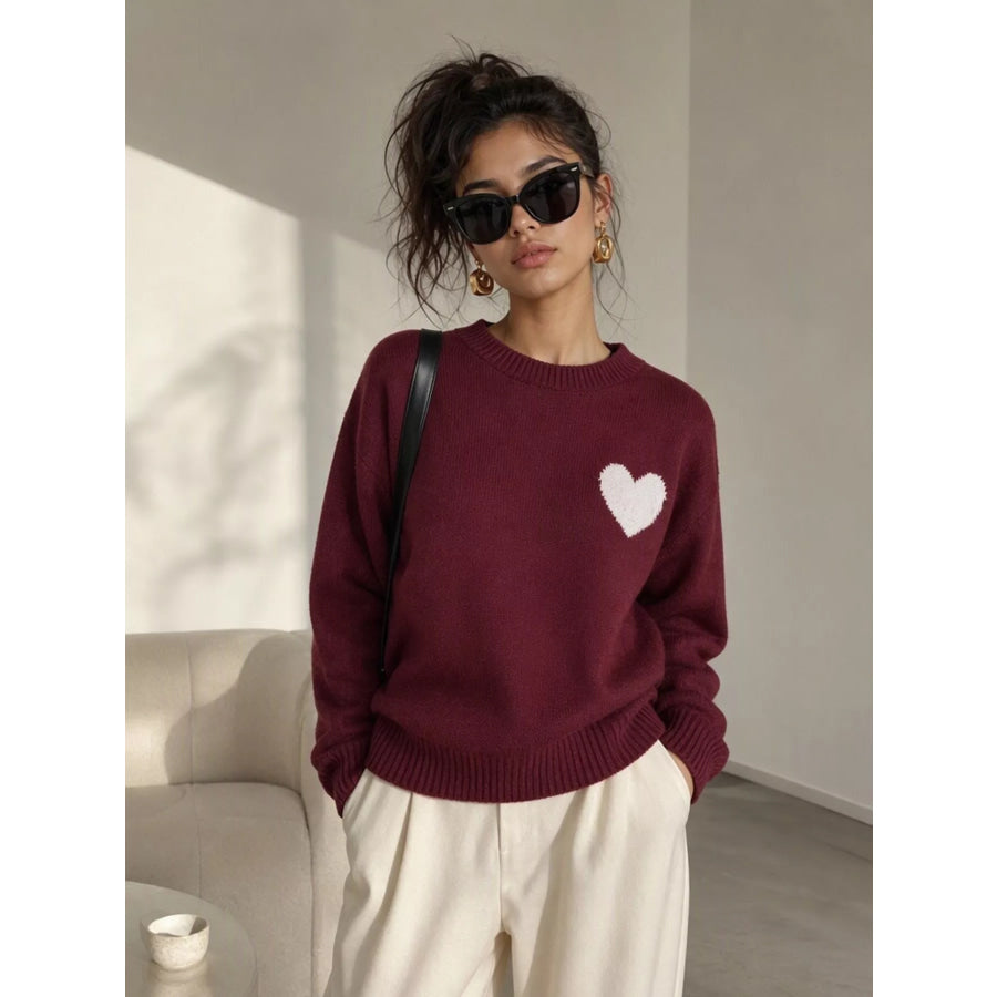 Heart Pattern Round Neck Sweater Apparel and Accessories