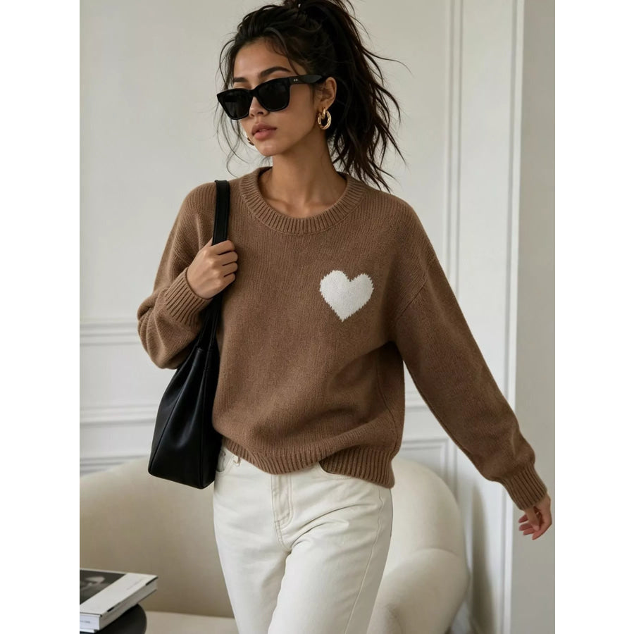 Heart Pattern Round Neck Sweater Apparel and Accessories