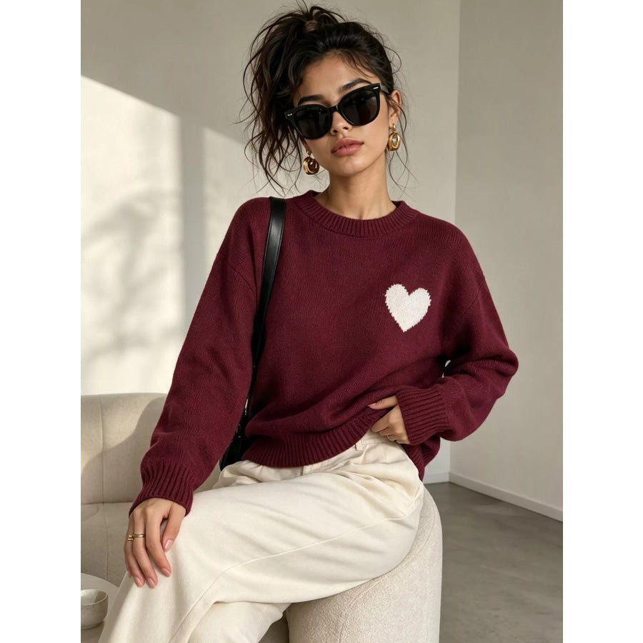 Heart Pattern Round Neck Sweater Apparel and Accessories
