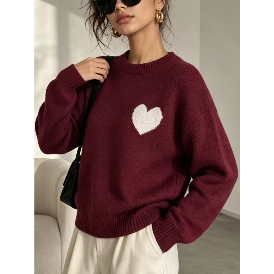 Heart Pattern Round Neck Sweater Apparel and Accessories
