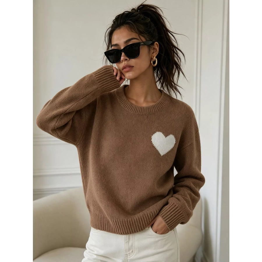 Heart Pattern Round Neck Sweater Brown / One Size Apparel and Accessories