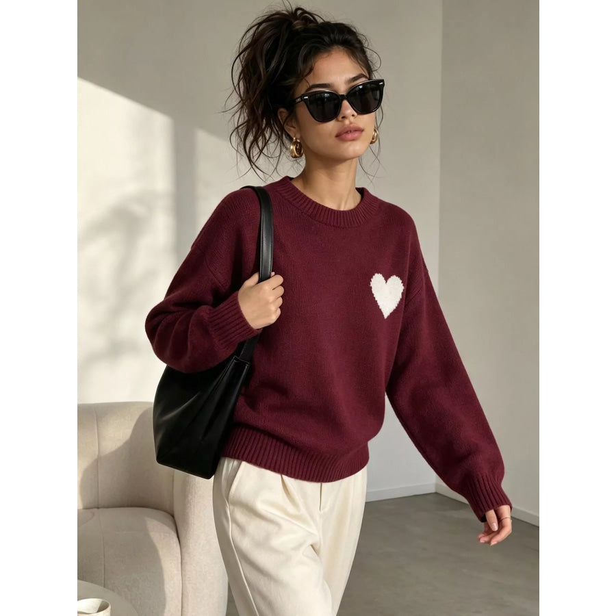 Heart Pattern Round Neck Sweater Wine Red / One Size Apparel and Accessories