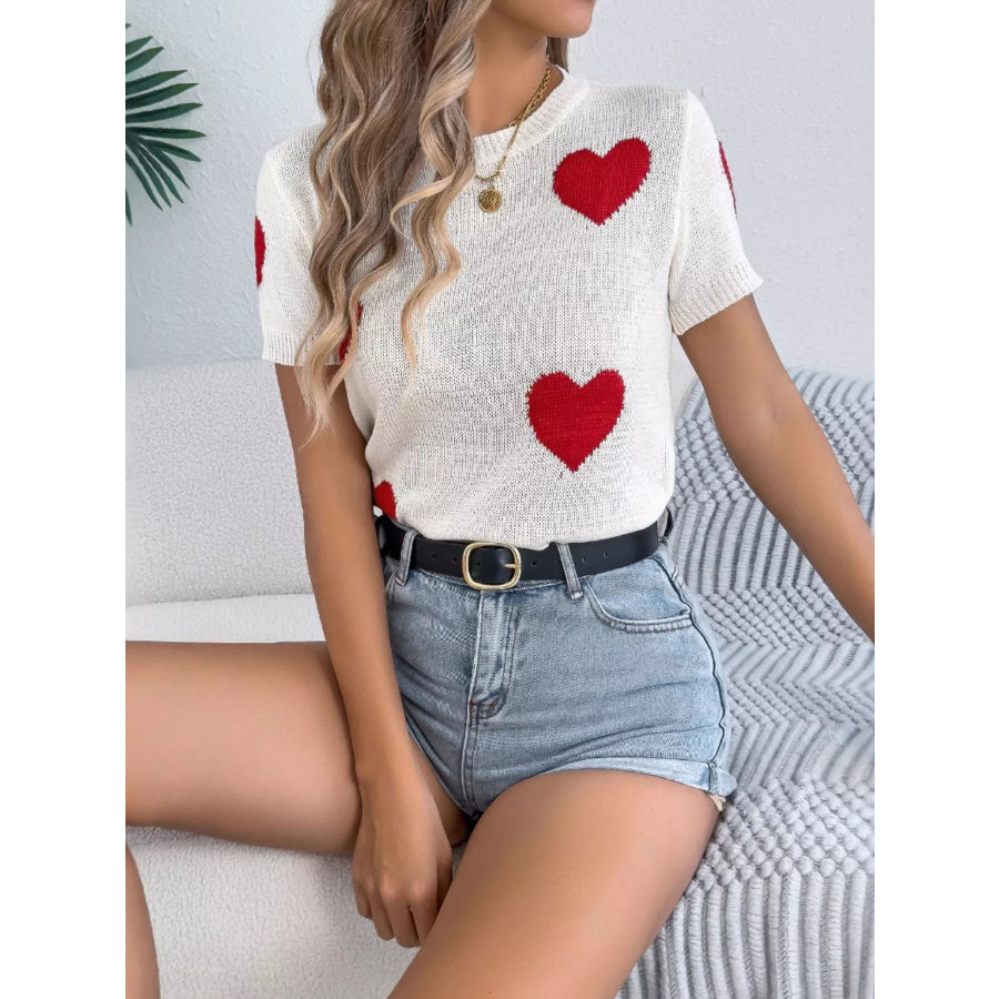 Heart Pattern Short Sleeve Knit Top Apparel and Accessories