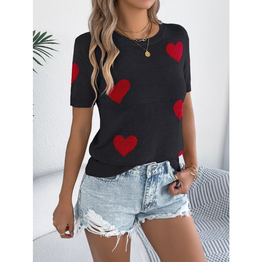 Heart Pattern Short Sleeve Knit Top Apparel and Accessories