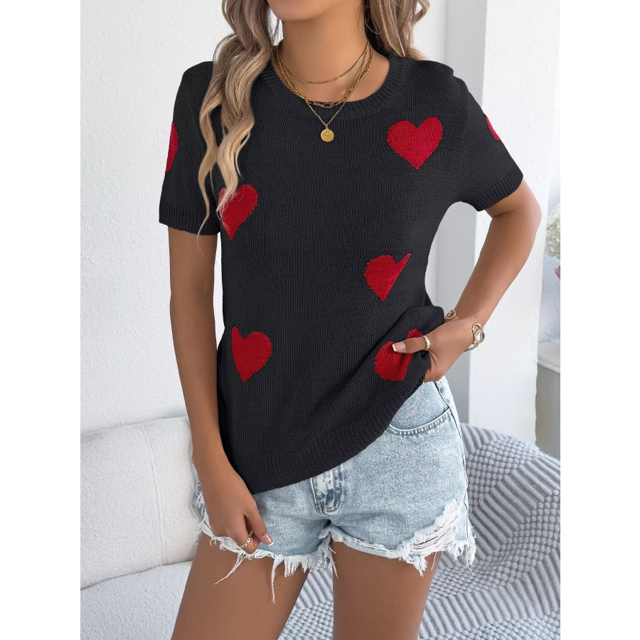 Heart Pattern Short Sleeve Knit Top Apparel and Accessories