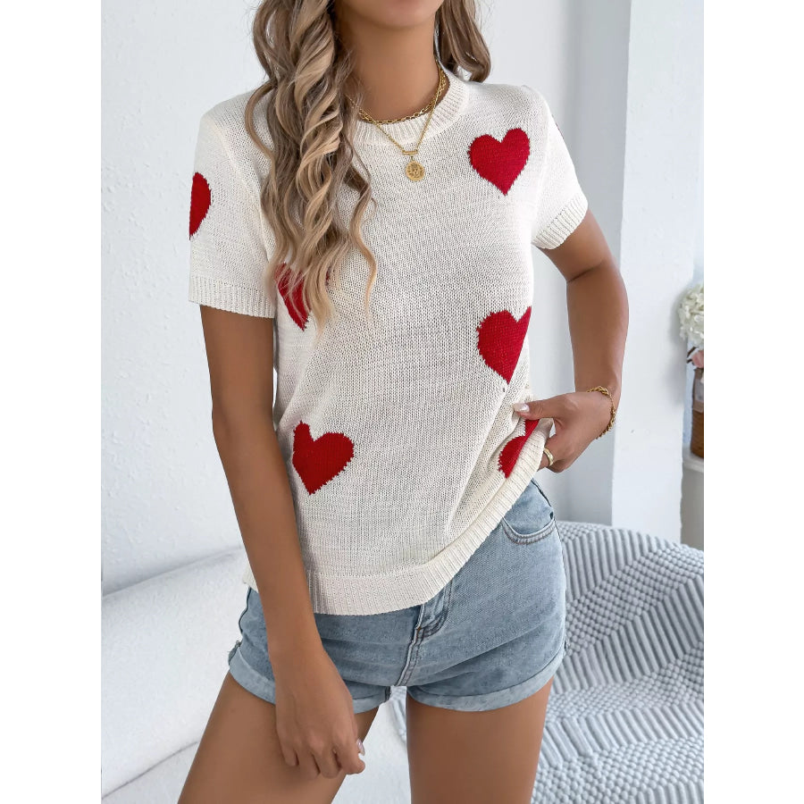 Heart Pattern Short Sleeve Knit Top Apparel and Accessories