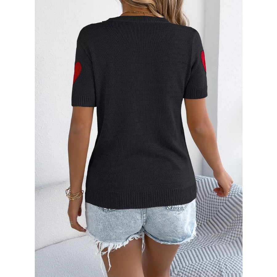Heart Pattern Short Sleeve Knit Top Apparel and Accessories