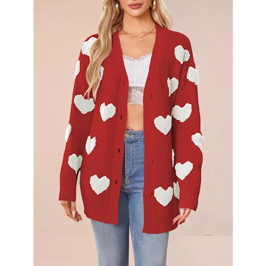 Heart Pattern V-Neck Button-Down Knit Cardigan Red / S Apparel and Accessories