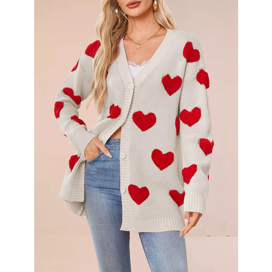 Heart Pattern V-Neck Button-Down Knit Cardigan Apparel and Accessories