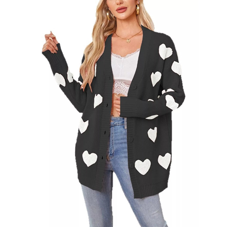 Heart Pattern V-Neck Button-Down Knit Cardigan Apparel and Accessories