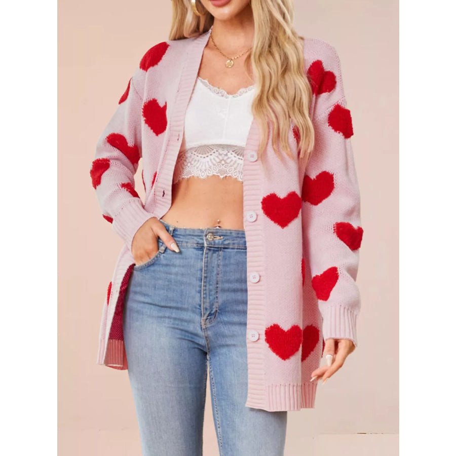 Heart Pattern V-Neck Button-Down Knit Cardigan Apparel and Accessories