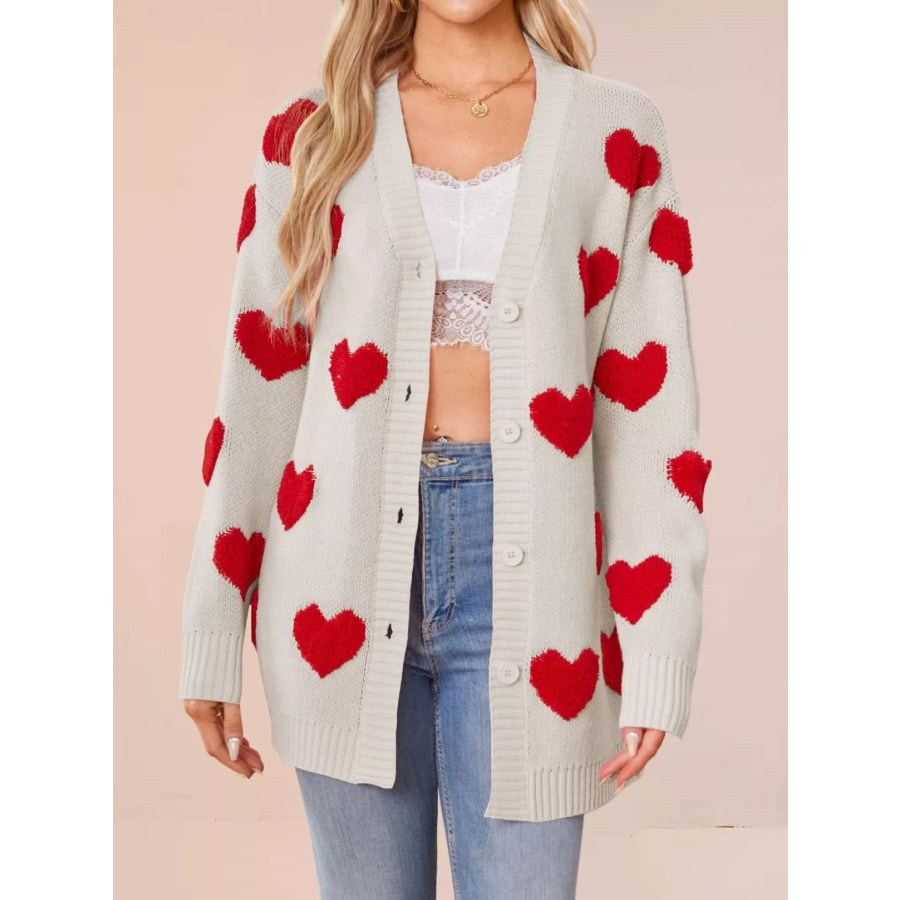 Heart Pattern V-Neck Button-Down Knit Cardigan Apricot / S Apparel and Accessories