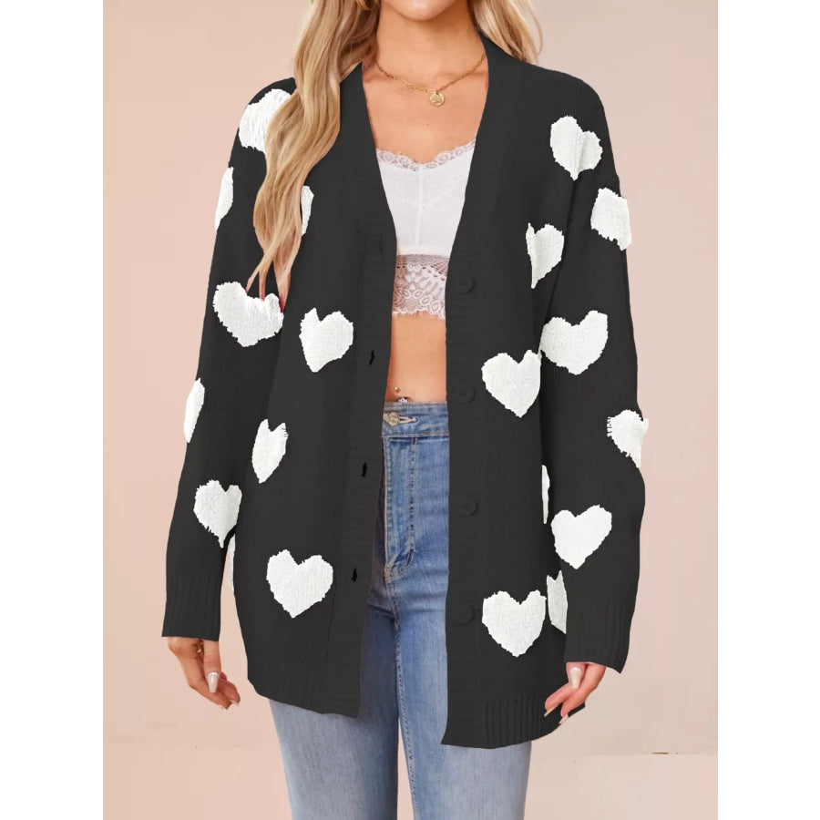 Heart Pattern V-Neck Button-Down Knit Cardigan Black / S Apparel and Accessories