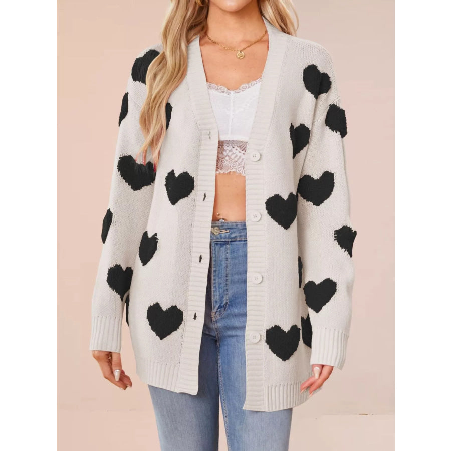 Heart Pattern V-Neck Button-Down Knit Cardigan Khaki / S Apparel and Accessories