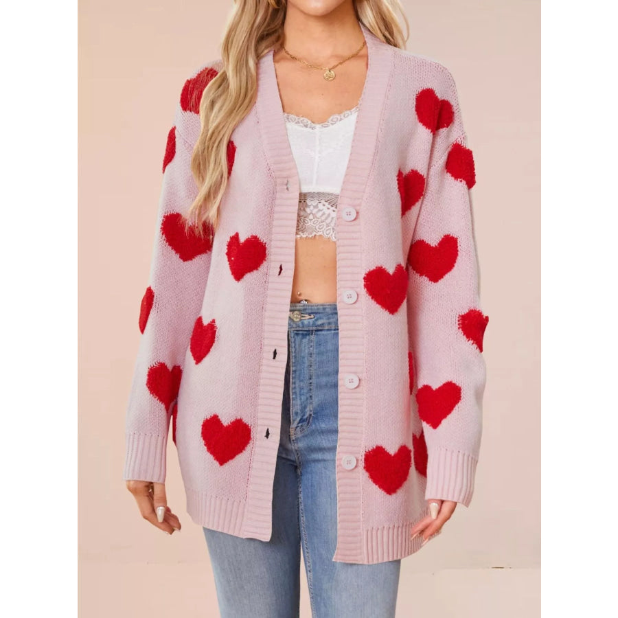 Heart Pattern V-Neck Button-Down Knit Cardigan Pink / S Apparel and Accessories