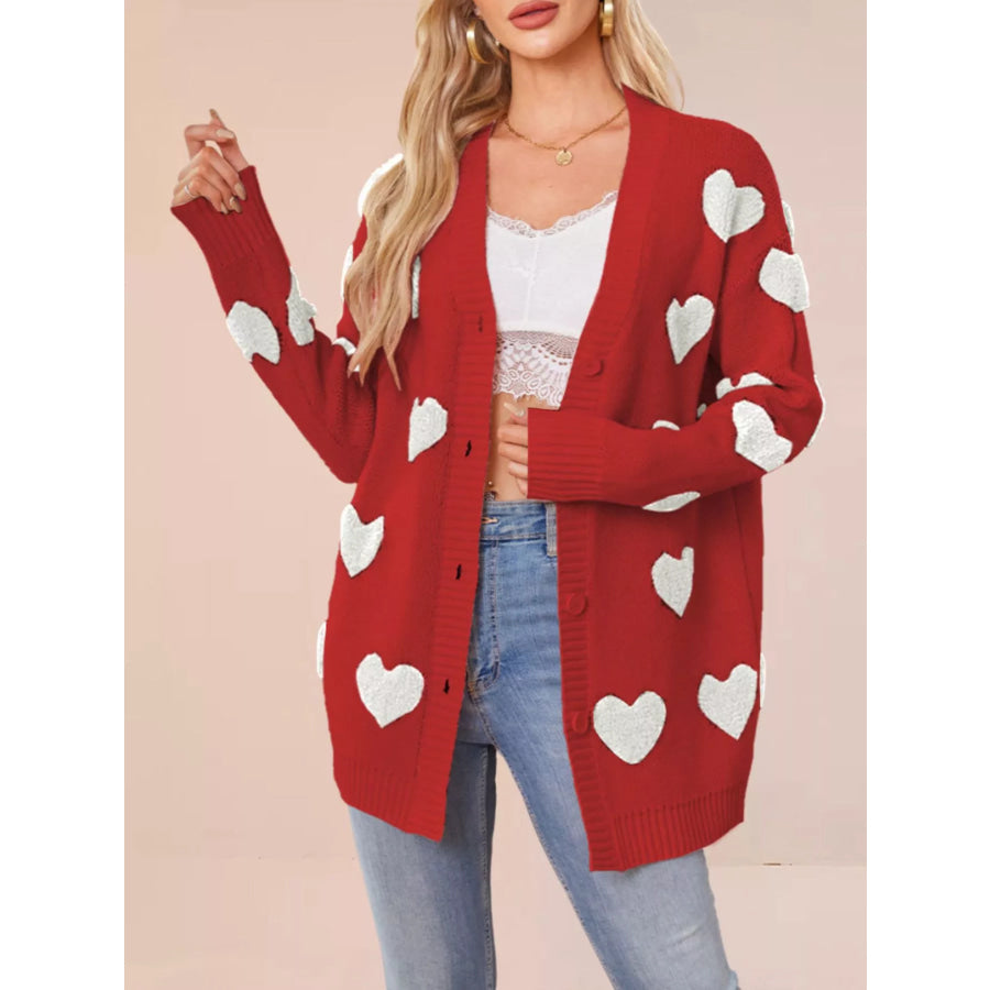 Heart Pattern V-Neck Button-Down Knit Cardigan Red / S Apparel and Accessories