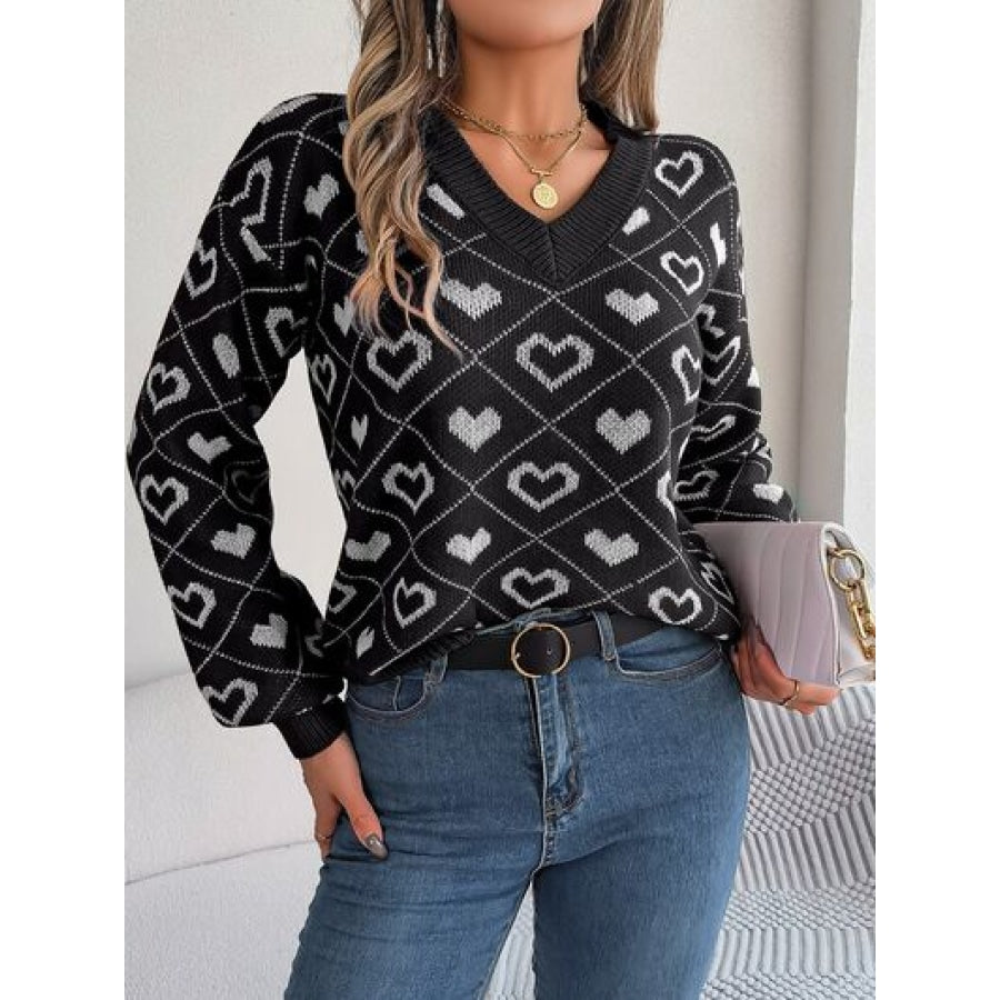 Heart Pattern V-Neck Long Sleeve Sweater Black / S Clothing