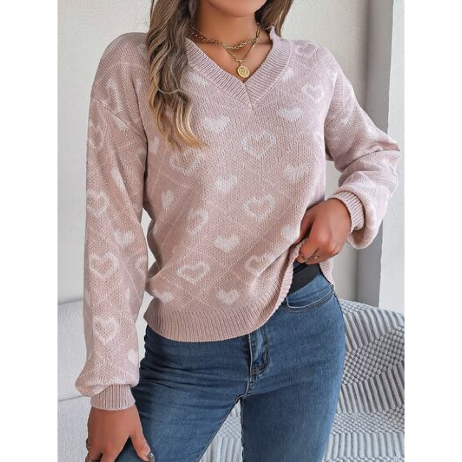 Heart Pattern V-Neck Long Sleeve Sweater Blush Pink / S Clothing