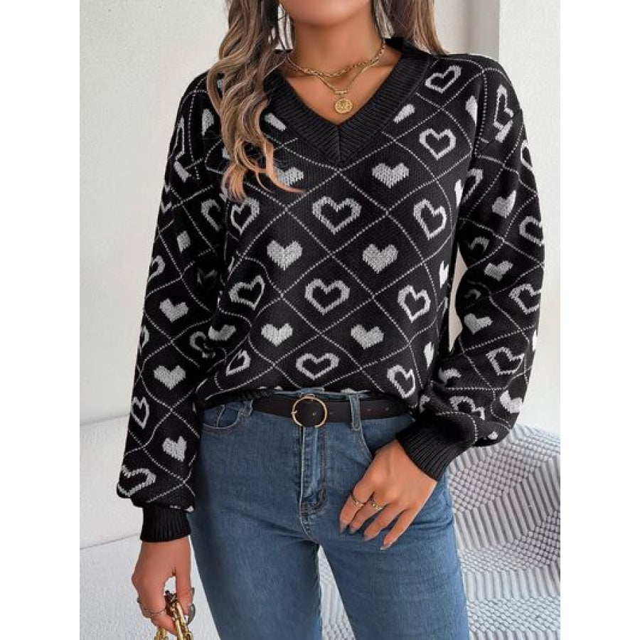 Heart Pattern V-Neck Long Sleeve Sweater Clothing